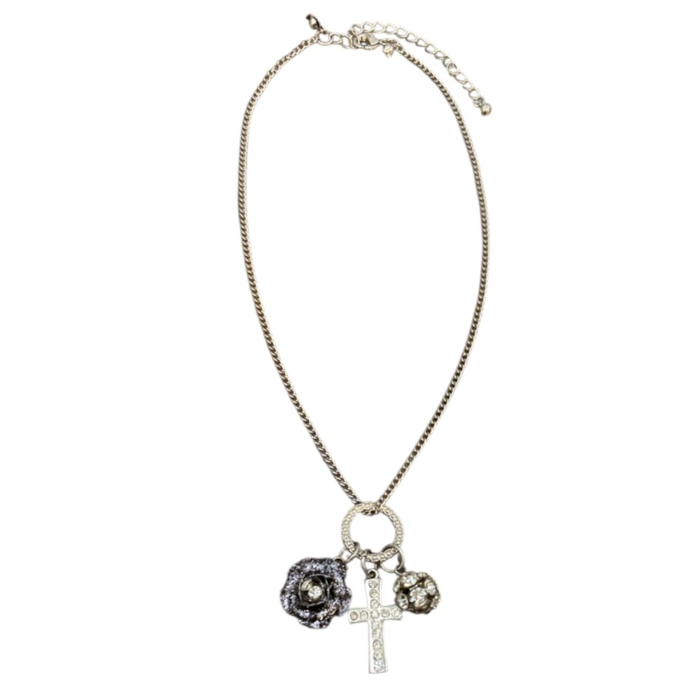 Vintage Cross Necklace Enamel Flower Beaded Ball Crystal Charms Silver Chain - Picture 7 of 12